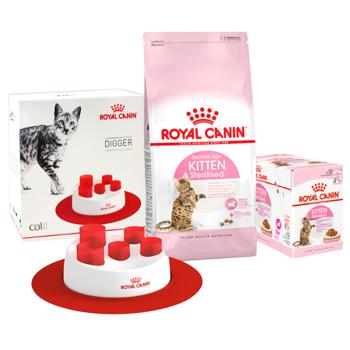 Набор корма Royal Canin с домашней птицей для стерилизованных котят сухой 2кг + влажный 12шт х 85г + интерактивная кормушка - купить, цены на MasterZoo - фото 1