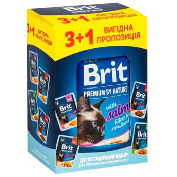Набір вологого корму для котів Brit Premium Delicate Fillets in Gravy Chicken for Sterilised pouch 3+1 шт х 85 г - асорті - купить, цены на MasterZoo - фото 1