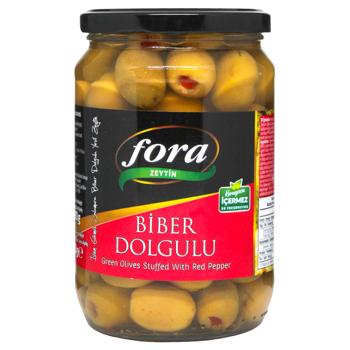 Зелені оливки Fora фарш.чер. перцем б/к 400г(Туреччина) - купити, ціни на КОСМОС - фото 1