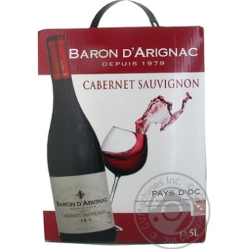 Вино Baron d'Arignac Cabernet Sauvignon червоне сухе 5л х6 купить, цены на МегаМаркет - фото 1
