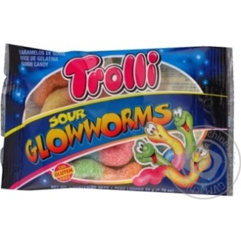 Цукерки Trolli Sour Glowworms фруктові жувальні 50г х12 купити, ціни на МегаМаркет - фото 1