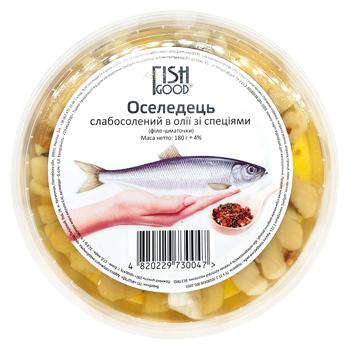 Сельдь Fish Good филе-кусочки слабосоленая в масле со специями 180г - купить, цены на Чудо Маркет - фото 1