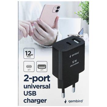 Сетевое зарядное устройство Gembird TA-UC-2AC12-01-BK 1USB 2.4A + 1USB-C 2.4A (12W) черное - купить, цены на Auchan - фото 2