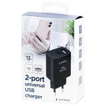 Мережевий зарядний пристрій Gembird TA-UC-2AC12-01-BK 1USB 2.4A + 1USB-C 2.4A(12W) чорний