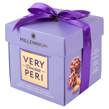 Цукерки Millennium Very Peri шоколадні з арахісом, родзинками, злаковими пластівцями та солоною карамеллю 140г