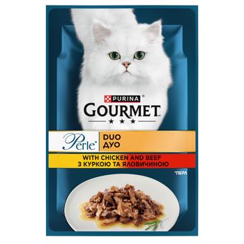 Корм влажный Gourmet Perle Duo с курицей и говядиной для взрослых кошек 85г