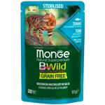 Корм вологий Monge Bwild Grain Free з тунцем, креветками та овочами для стерилізованих котів 85г