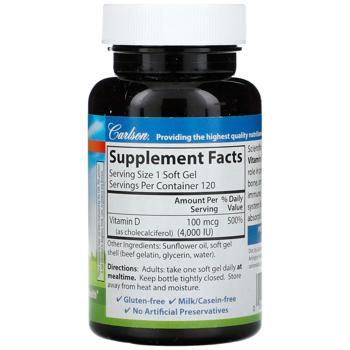 Вітамін D-3, Vitamin D3, Carlson, 100 мкг (4000 МО), 120 гелевих капсул - купити, ціни на Біотус - фото 2