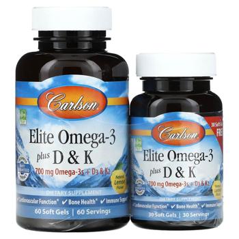 Рыбий жир, витамины Д3 и К Carlson Labs Elite Omega-3 Plus D&K со вкусом лимона 60+30 гелевых капсул - купить, цены на Biotus - фото 1