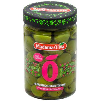 Оливки Madama Oliva итальянские с розовым перцем и розмарином без косточек 300г