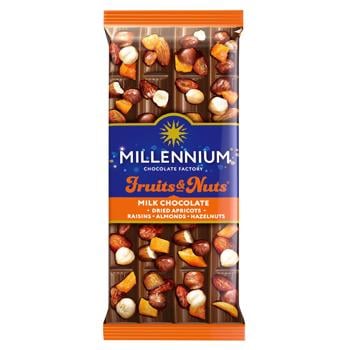 Шоколад молочний Millennium Fruits & Nuts з мигдалем цілими лісовими горіхами курагою та родзинками 90г - купити, ціни на Auchan - фото 1