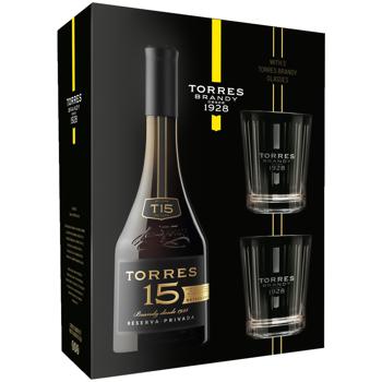 Бренди Torres 15 лет 40% 0,7л и 2 стакана - купить, цены на Auchan - фото 1