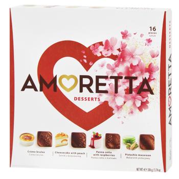 Конфеты Mieszko Amoretta Desserts со вкусом крема-брюле, фисташкового макаруна, паннакотты с малиной, чизкейка с персиком 106г