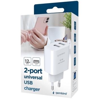 Сетевое зарядное устройство Gembird 2USB х 2.4A 12W White TA-UC-2A12-01
