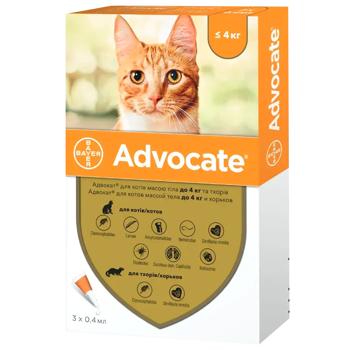 Bayer/Elanco Advocate Drops on the Withers for Cats Up to 4kg Against External and Internal Parasites 1 pipette - buy, prices for MasterZoo - photo 1