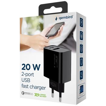 Сетевое зарядное устройство Gembird PD 20W USB-А + Type-C TA-UC-PDQC20-01-BK