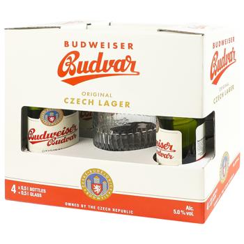 Набор Пиво Budweiser светлое 5% 4шт*0,5л + Бокал 0,5л - купить, цены на КОСМОС - фото 1