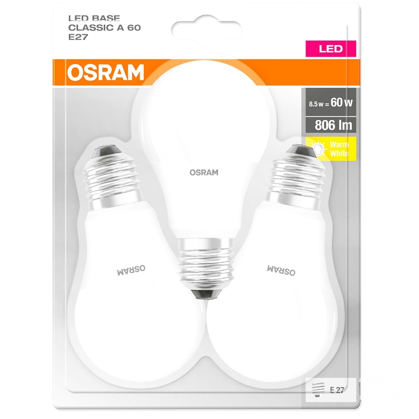 

Лампа светодиодная Osram A60 E27 8,5W 3шт