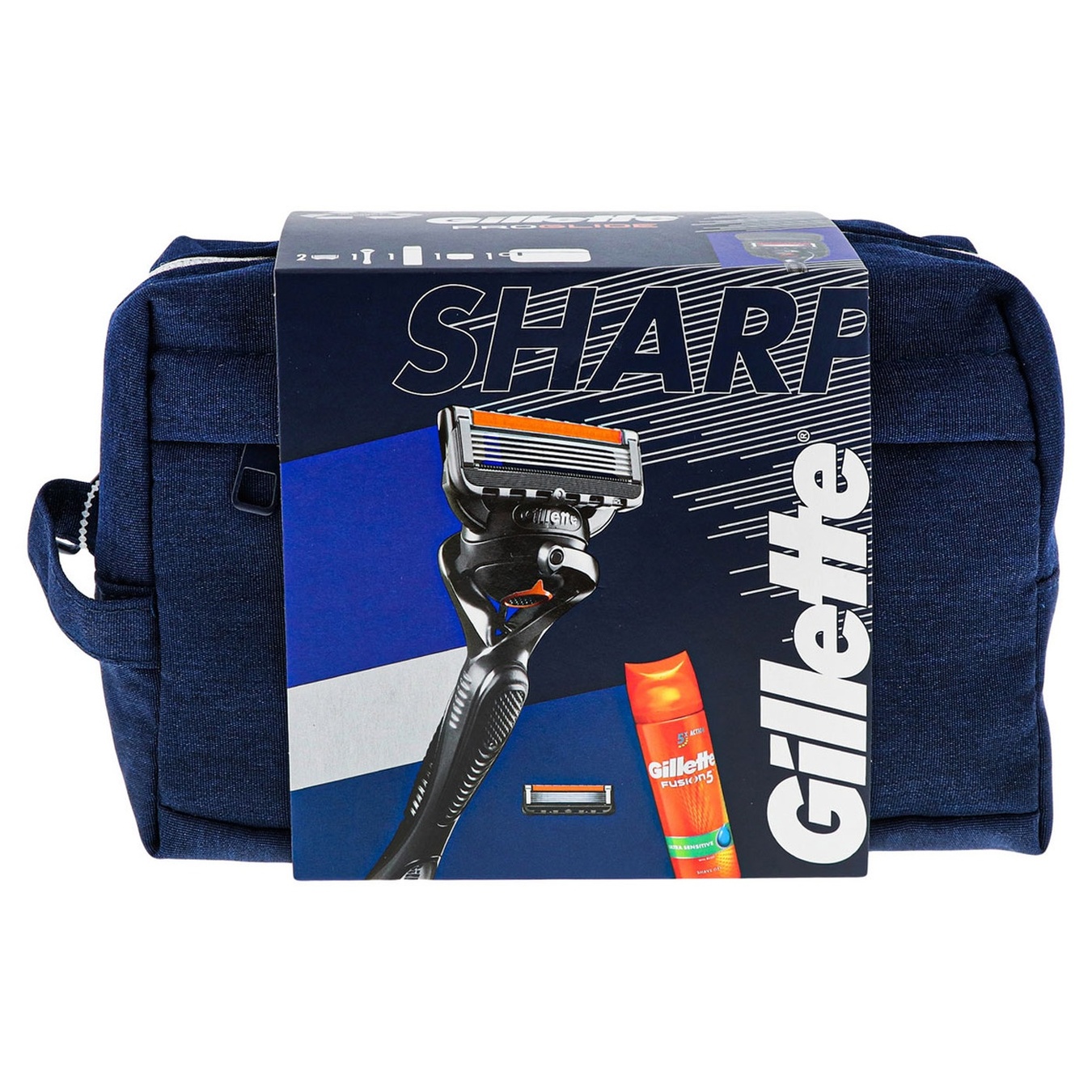 

Набор подарочный Gillette Fusion 5 Proglide бритва с 2 сменными кассетами + гель для бритья 200мл + дорожный чехол + дорожная сумка