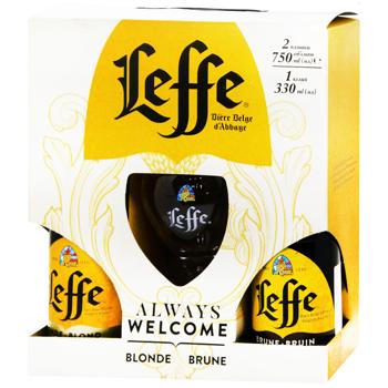 Пиво Leffe Blonde 0,75л + Leffe Brune 0,75л + бокал 0,33л - купить, цены на КОСМОС - фото 1