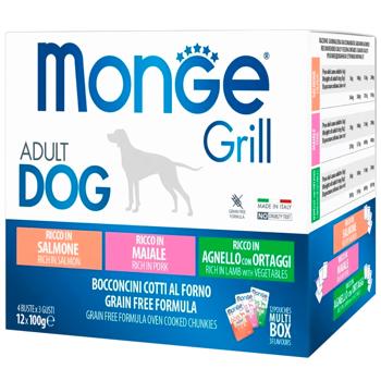 Набір вологого корму Monge Grill Mix Adult з лососем, свининою, ягням та овочами для собак 12х100г - купити, ціни на MasterZoo - фото 1