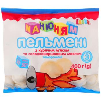 Пельмені Ласка Ма-ню-ням з курячим м'ясом та солодковершковим маслом 400г - купити, ціни на КОСМОС - фото 1