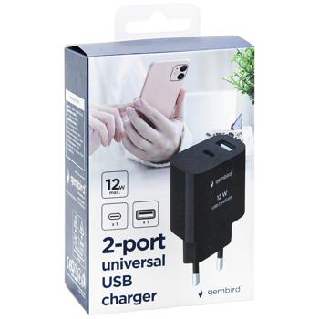 Gembird 2-port Universal USB Charger TA-UC-2AC12-01-BK 1USB 2.4A + 1USB-C 2.4A(12W) black - buy, prices for - photo 3