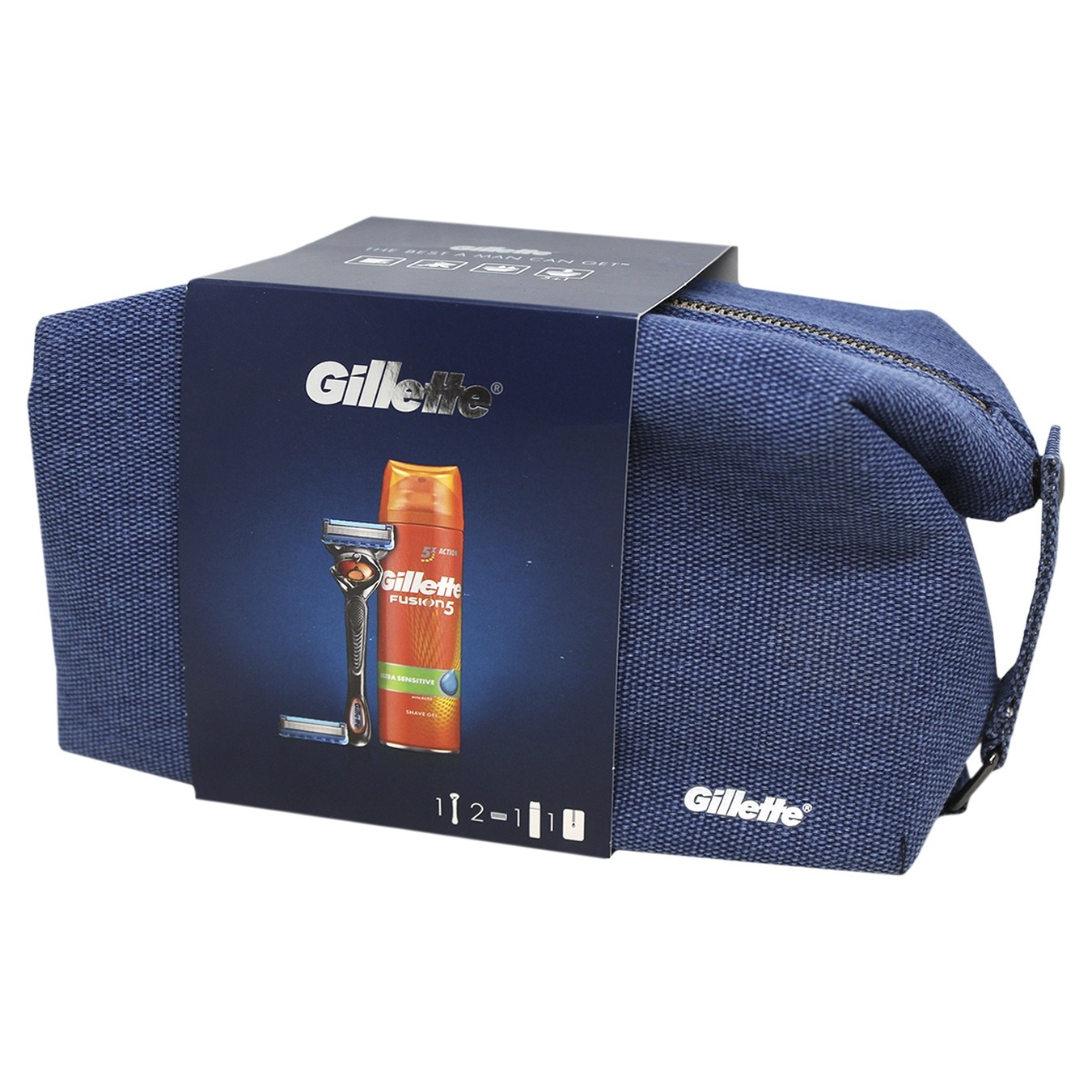 

Подарочный набор Gillette бритва Fusion5 ProGlide + 2 сменные кассеты + гель Fusion5 Ultra Sensitive 200мл + дорожный чехол