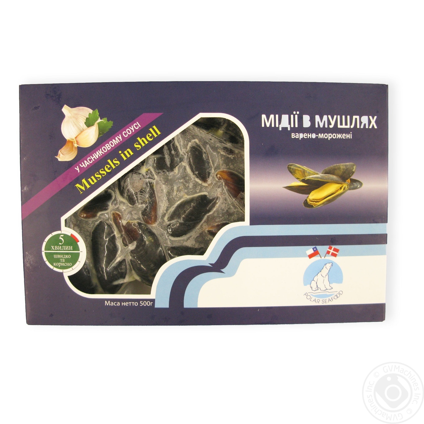 

Мидии Polar Seafood в ракушках варено-мороженые в чесночном соусе 50/70 500г