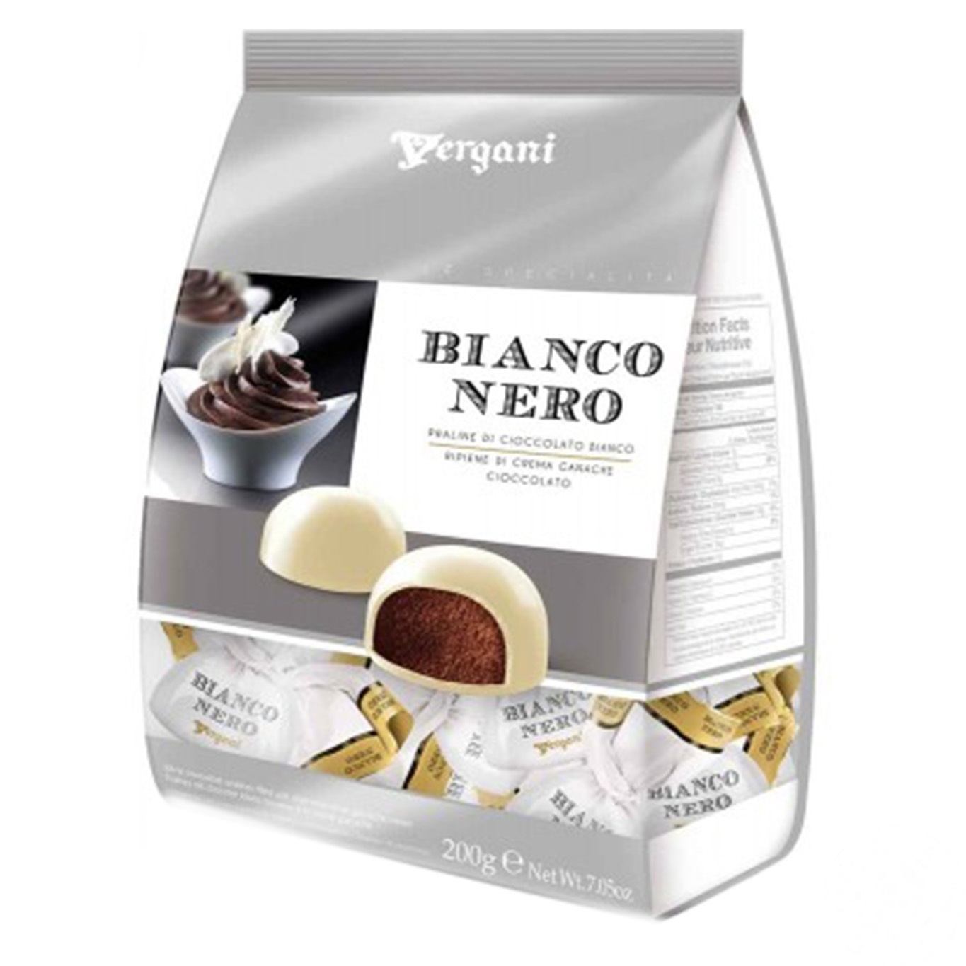 

Конфеты Vergani Bianco & Nero с начинкой из шоколадного ганашом в белом шоколаде 200г