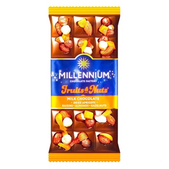 Шоколад молочный Millennium Fruits & Nuts с миндалем цельными лесными орехами курагой и изюмом 90г - купить, цены на NOVUS - фото 3