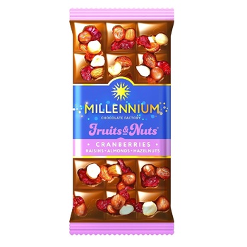 Шоколад молочний Millennium Fruits&Nuts з мигдалем цілими лісовими горіхами журавлиною та родзинками 90г - купити, ціни на - фото 4