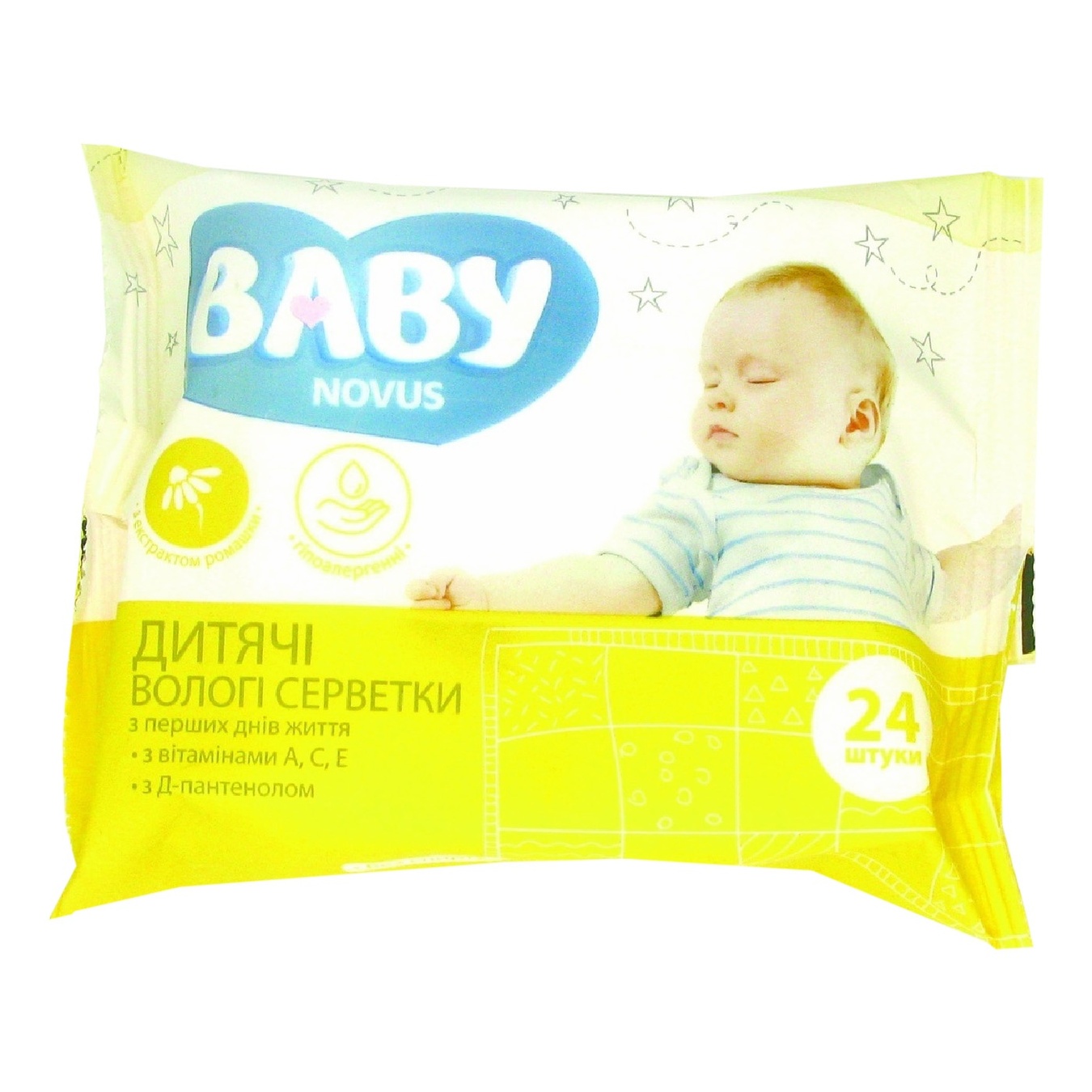 

Салфетки влажные Novus Baby детские ромашка с витаминами А, С, Е и Д-пантенолом 24шт