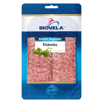 Ковбаса Biovela Закусочна нарізана сирокопчена в/г 90г - купити, ціни на Auchan - фото 1