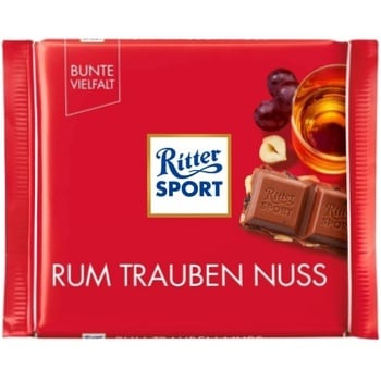 Шоколад Ritter Sport молочний з ямайським ромом, родзинками та горіхами 100г