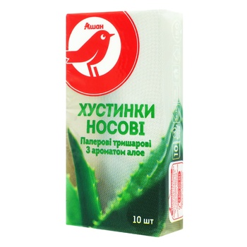 Хустинки носові Ашан тришарові з ароматом алое 10шт - купити, ціни на Auchan - фото 1