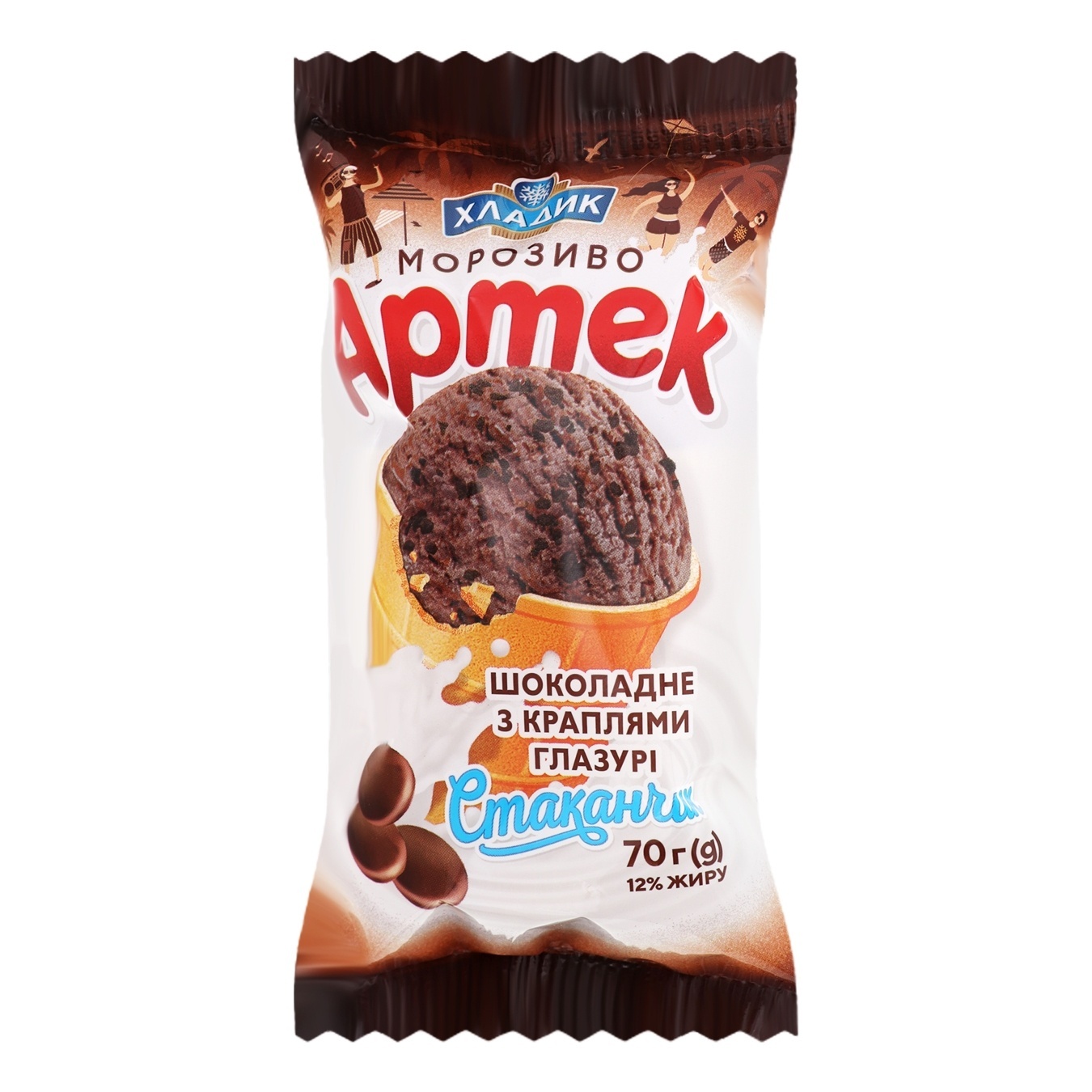 

Мороженое Хладик Артек шоколадное с каплями глазури в вафельном стаканчике 70г