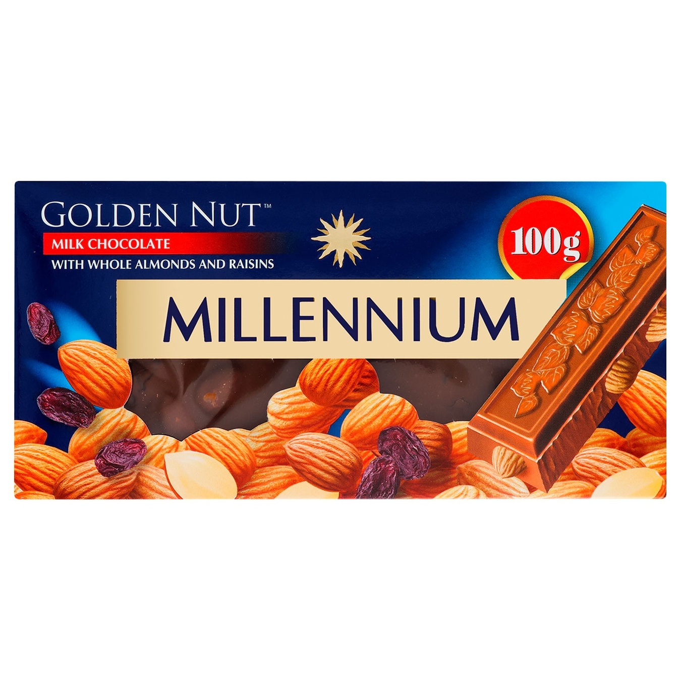 

Шоколад Millennium Gold Nut молочный с целым миндалем и изюмом 100г