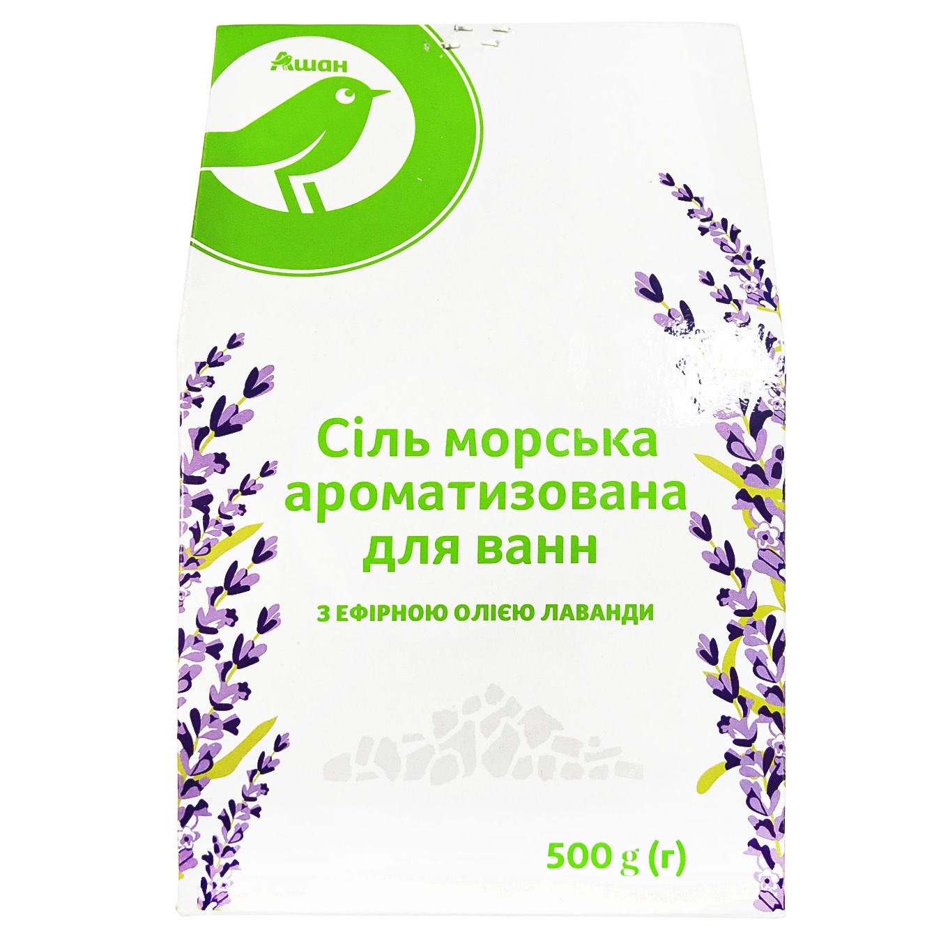 

Соль для ванн Ашан морская ароматизированная с эфирным маслом лаванды 500г