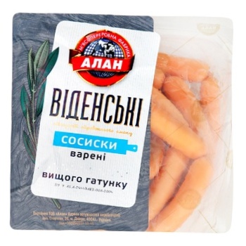 Сосиски Алан Віденські вищого гатунку 376г - купити, ціни на КОСМОС - фото 1