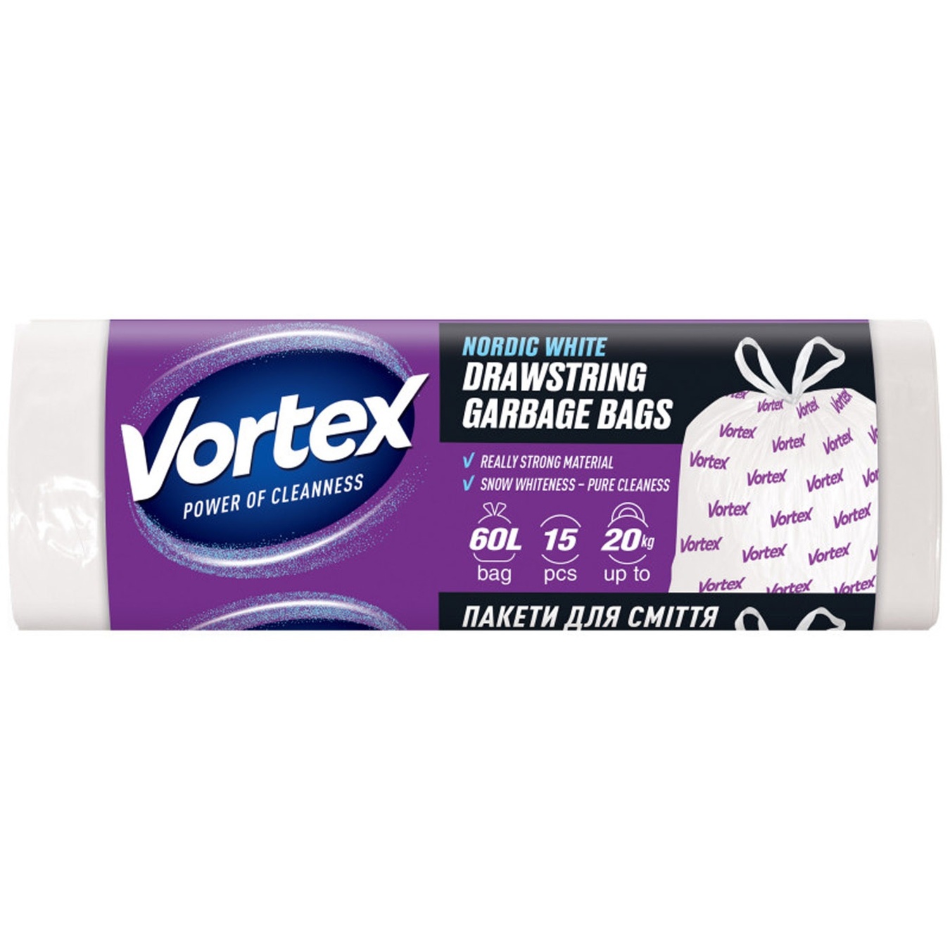 

Пакеты для мусора Vortex с затяжкой белые 60л 15шт