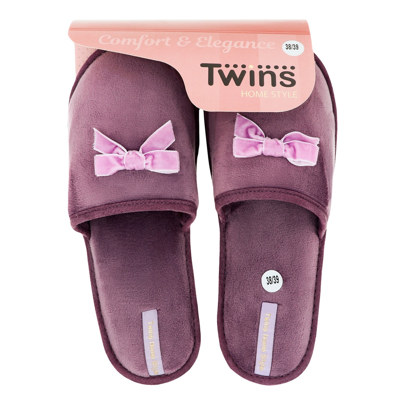 

Тапочки домашние женские Twins велюровые с бантом закрыты фиолетовые 38/39р