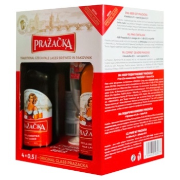 Пиво Prazacka светлое 4% 4шт х 0,5л с бокалом 0,33л - купить, цены на Auchan - фото 2