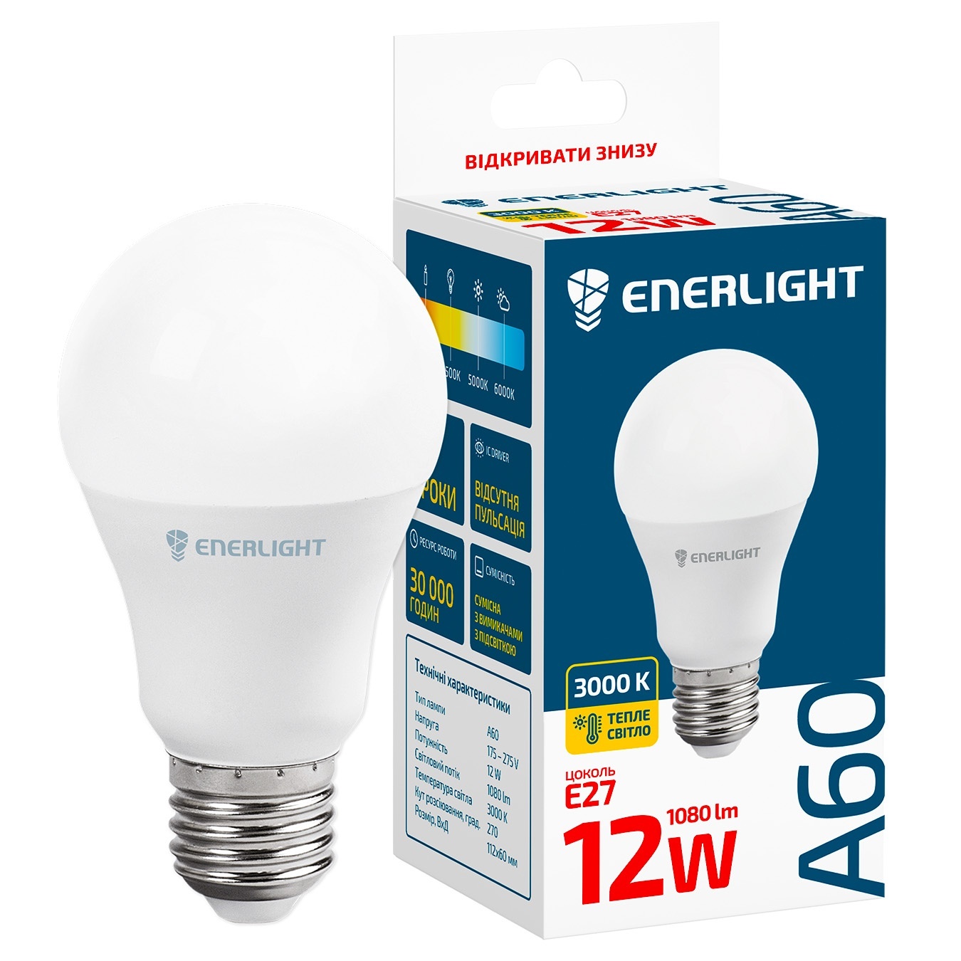 

Лампа світлодіодна Enerlight A60 12Вт 3000K E27