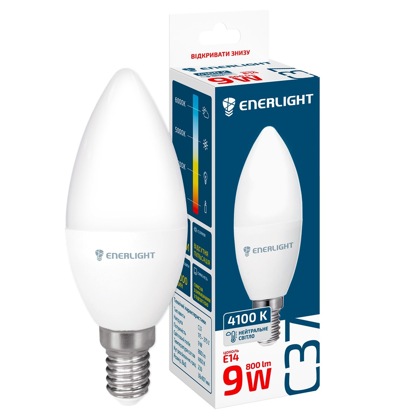 

Лампа светодиодная Enerlight C37 9Вт 4100K E14
