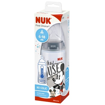 Пляшка Nuk Disney Mickey First Choice Plus пластикова з соскою силіконовою та з індикатором температури для хлопчика розмір 2 отвір М 300мл - купити, ціни на Таврія В - фото 1