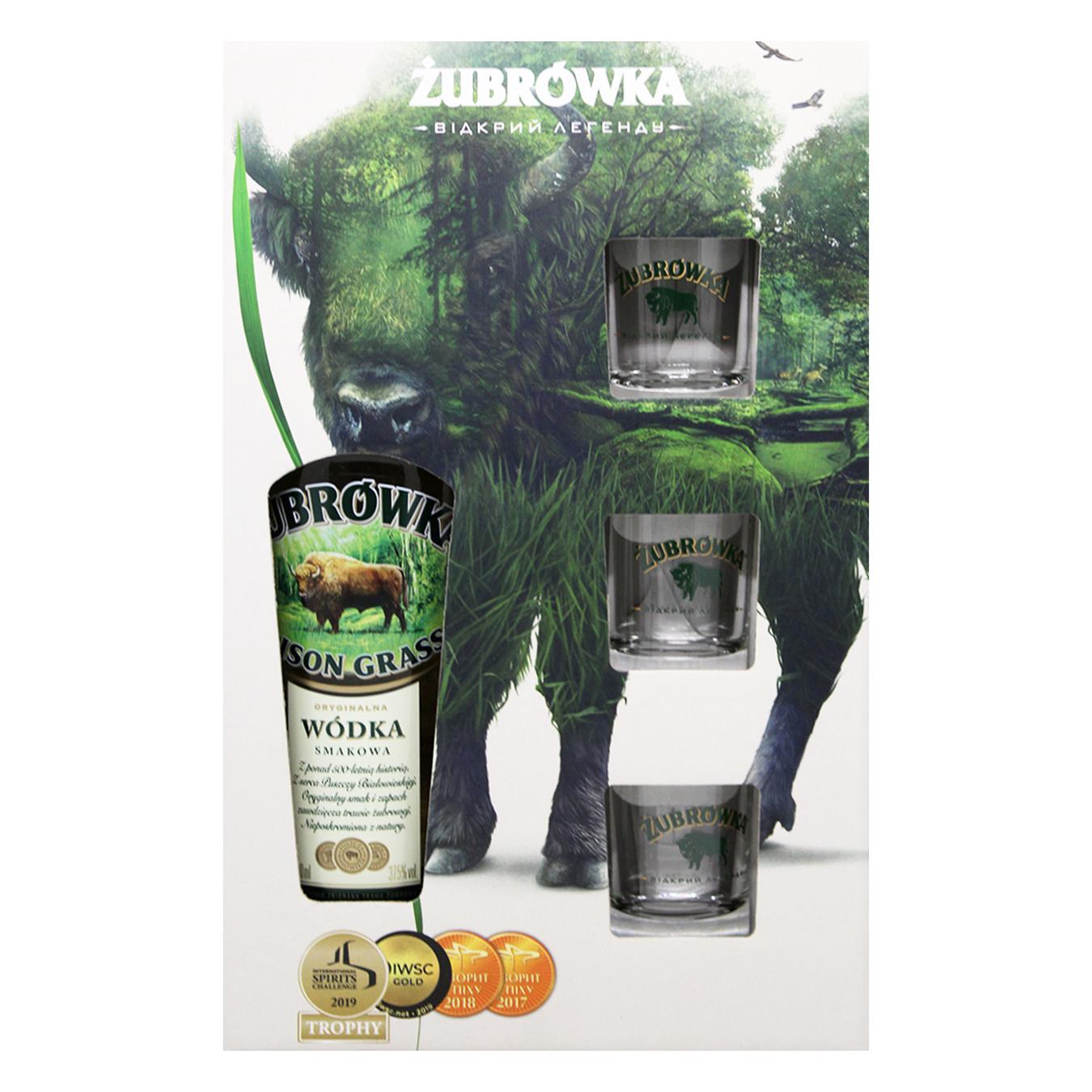 

Напиток алкогольный Zubrowka Bizon Grass 37,5% 0,7л + 3стопки