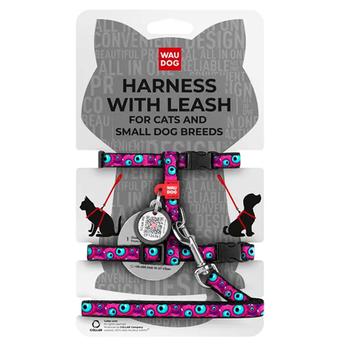 Waudog Harness with Leash for Cats and Dogs of Small Breeds with QR Passport XS 122cm/20mm, 20-30cm Neck, 25-40cm Breast with Monster Eye Design