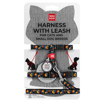 Waudog Harness with Leash for Cats and Dogs of Small Breeds with QR Passport XS 122cm/20mm, 20-30cm Neck, 25-40cm Breast with Orange Design