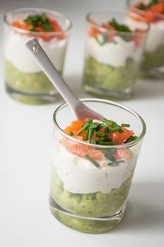 Cocktail salad with salmon, avocado and cream cheese